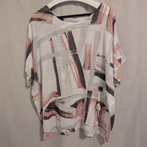 Transparente Women Tunic Top White Pink Linen Cotton Lagenlook Abstract Art OS